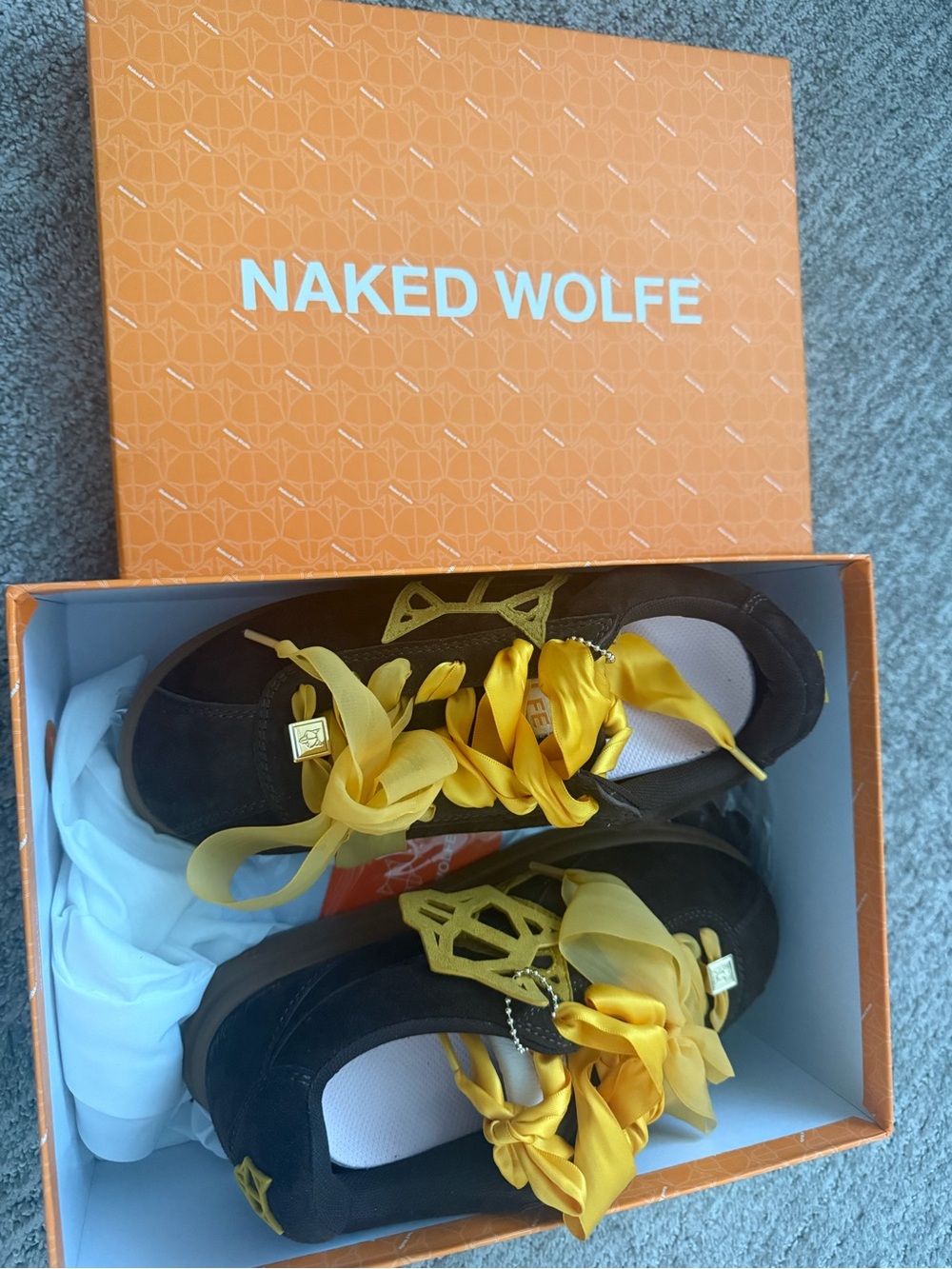 Naked Wolfe Suede Sneakers with Yellow Satin Ribbon Laces